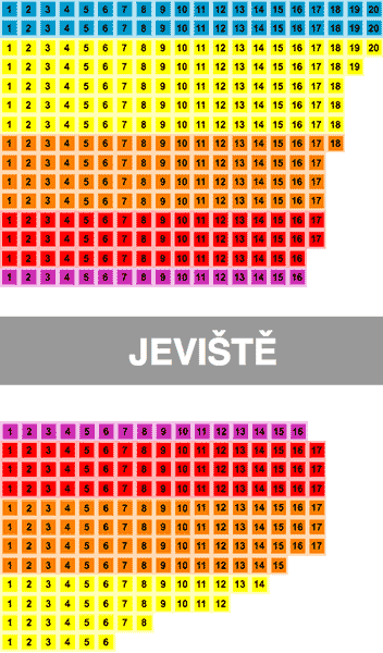 Orientační plánek hlediště HAMU pro představení Othello 2017